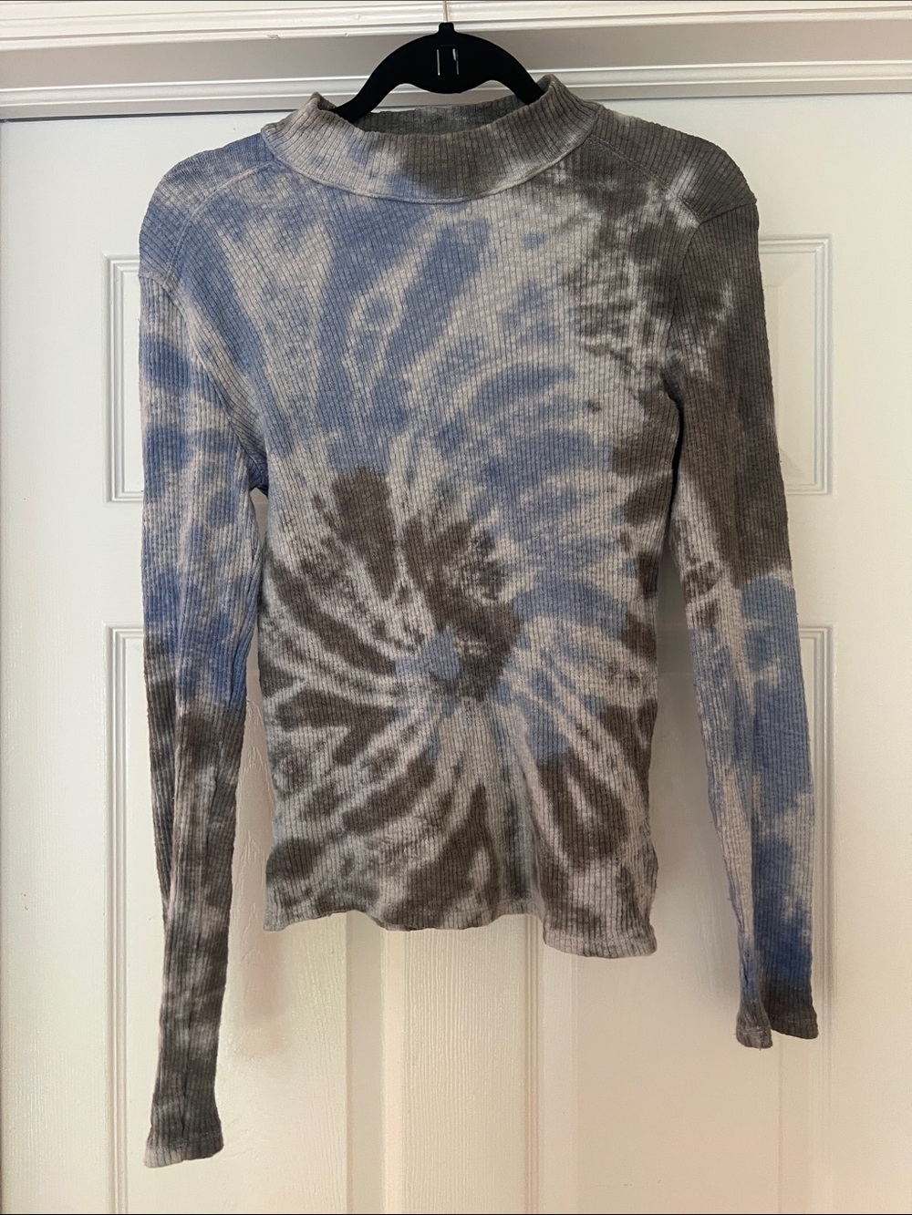 Free People Ribbed Tie-Dye Mock Neck Long Sleeve Top - Blue & Gray